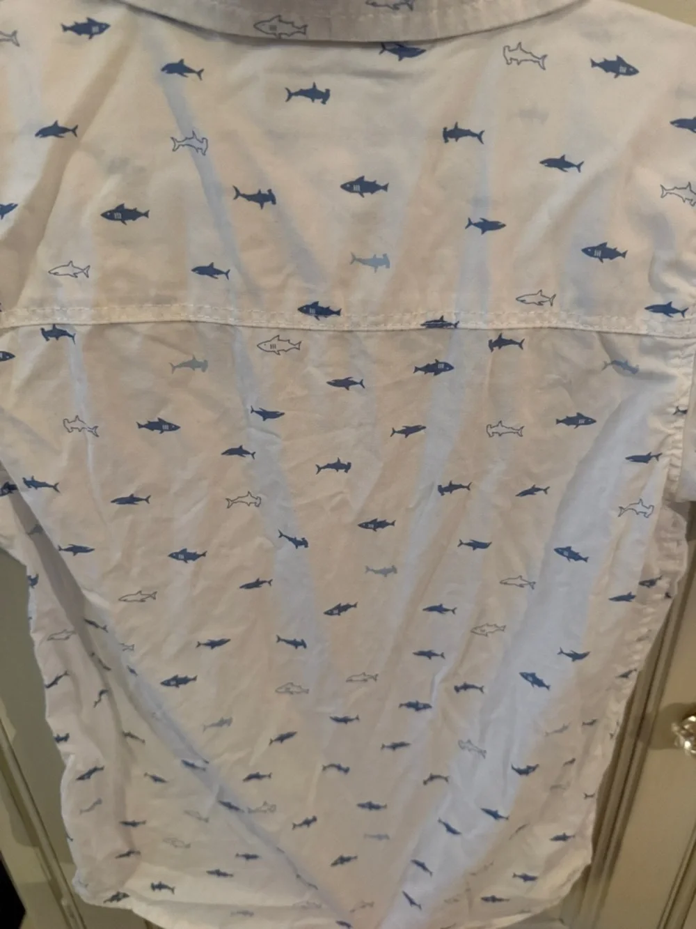OshKosh B'gosh White Short-Sleeve Button-Up with Blue Shark Print